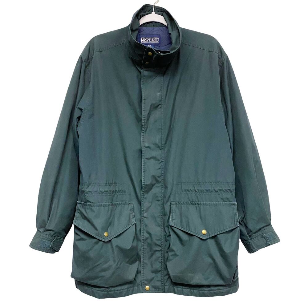 Vintage Lands End Mens Size M Green Quilted Parka Jacket Chore Coat